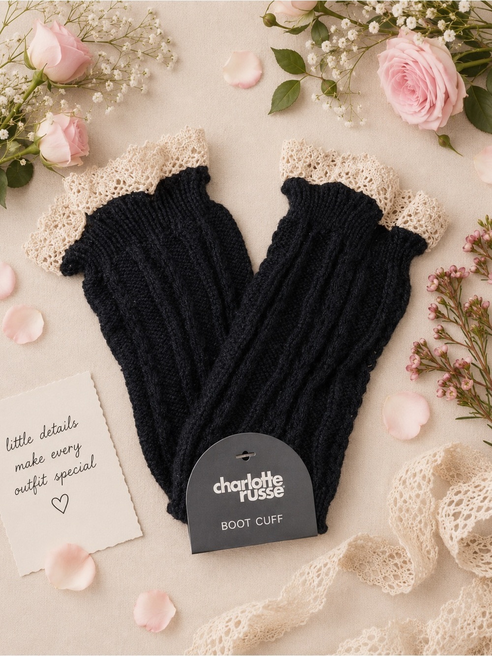 NWT Charlotte Russe Crochet Knit Boot Cuffs Toppers Black with Ivory OS